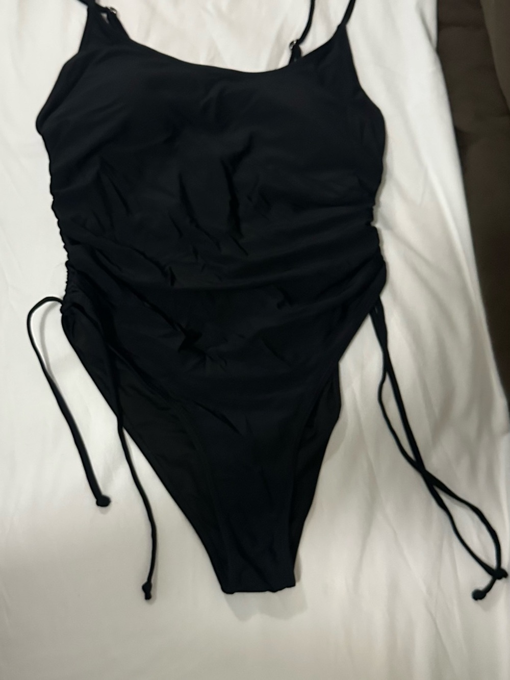 Adjustable Black One-Piece Swimsuit with Side Drawstrings